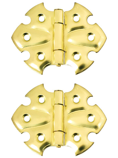 Pair of Ornamental Flush Mount Cabinet Hinges - 1 7/8 inch H x 2 1/2 inch W in Polished Brass.